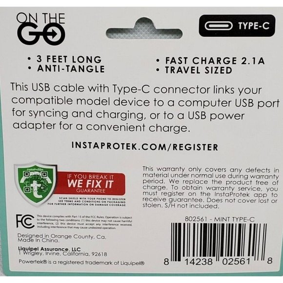 Liquipel Powertek On The Go Fast Charge Mint Type C 3ft Retractable Phone Cord - Picture 10 of 12